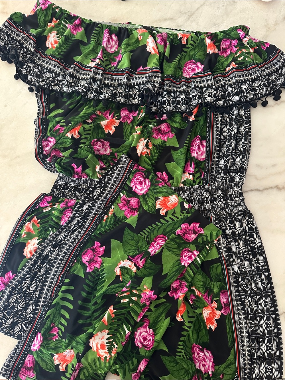 Floral Off-Shoulder Straight Leg Jumpsuit - Black with Pink & Green